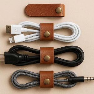Leather Cable Organizer Straps Reusable Cord Wrap Ties with Metal Button for Travel
