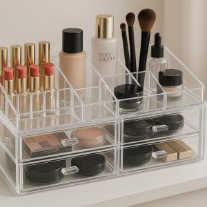 2 Clear Acrylic Makeup Organizer Cosmetic Storage Box for Vanity Tabletop Neat Display