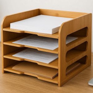 4 Bamboo Desktop Document Tray Paper Organizer Shelf for Home Office File Management