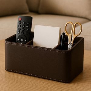 6 Leather Desktop Stationary Storage Box Remote Control Holder for Living Room Table
