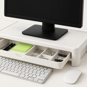White Monitor Stand Riser with Storage Drawer Organizer for Computer Screen Ergonomics